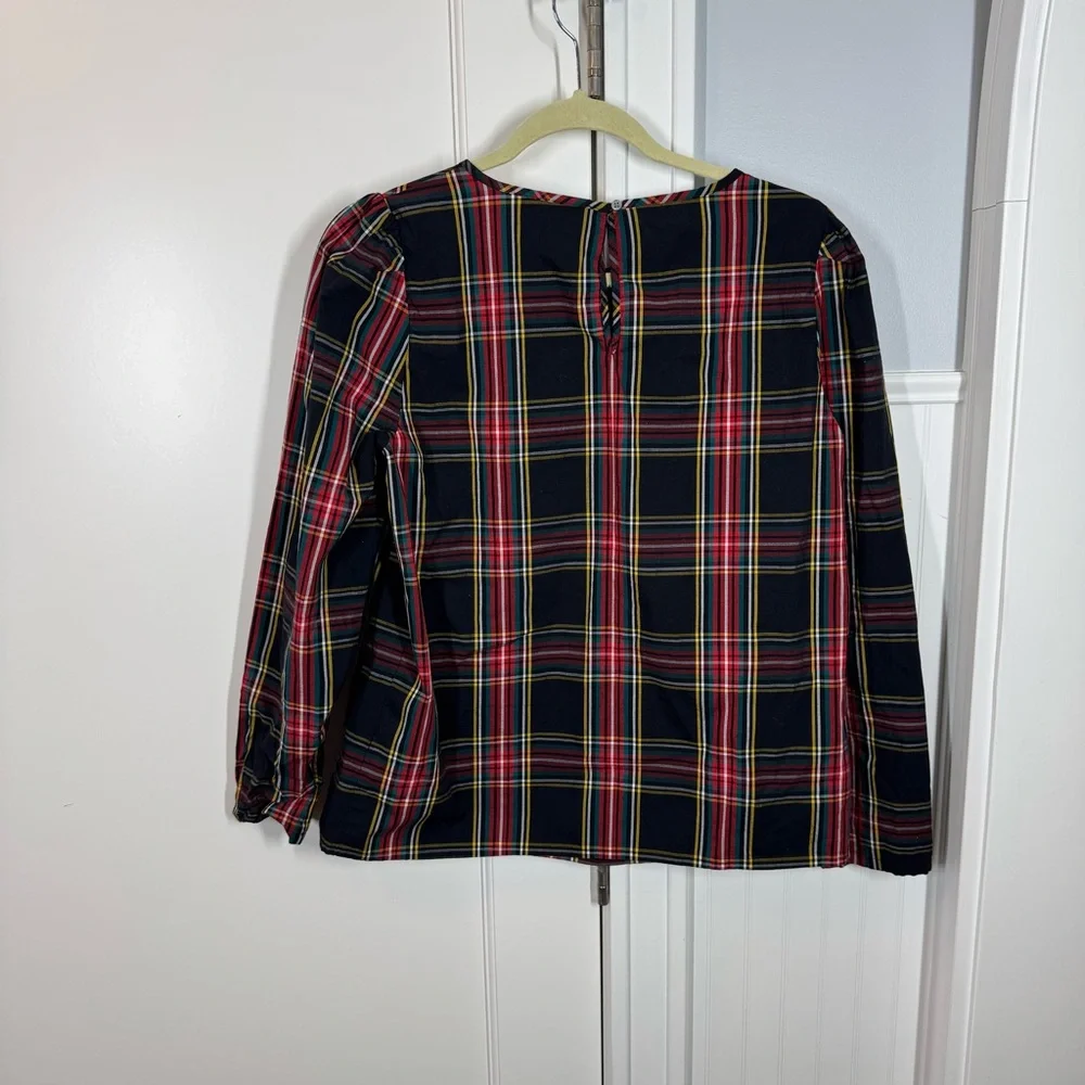 J. Crew Tartan Plaid Puff-Sleeve Top‎ in Stretch Poplin Medium Red Black small